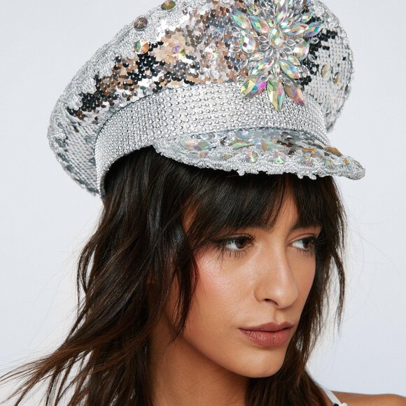 Silver Rhinestone Sequin Captain Hat | Festival Glam main image 2